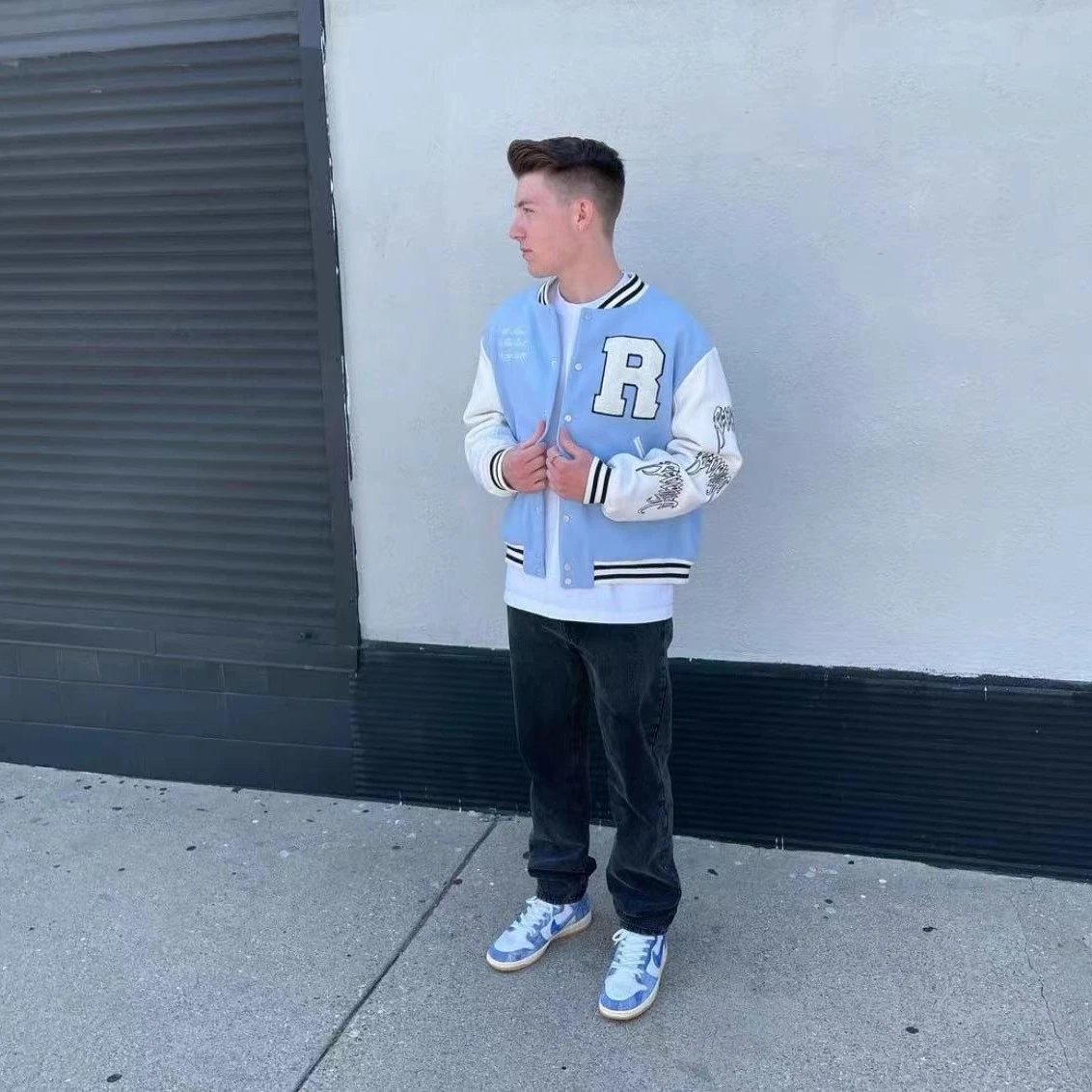 Streetwear Varsity Jacket Wool Skull Embroidery Ivory - Gallery Image 8 - Detailed View