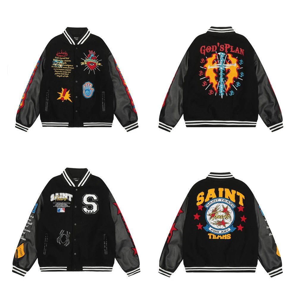 Saint Leather Sleeves Varsity Jacket - High Quality Product Image - Cnfans