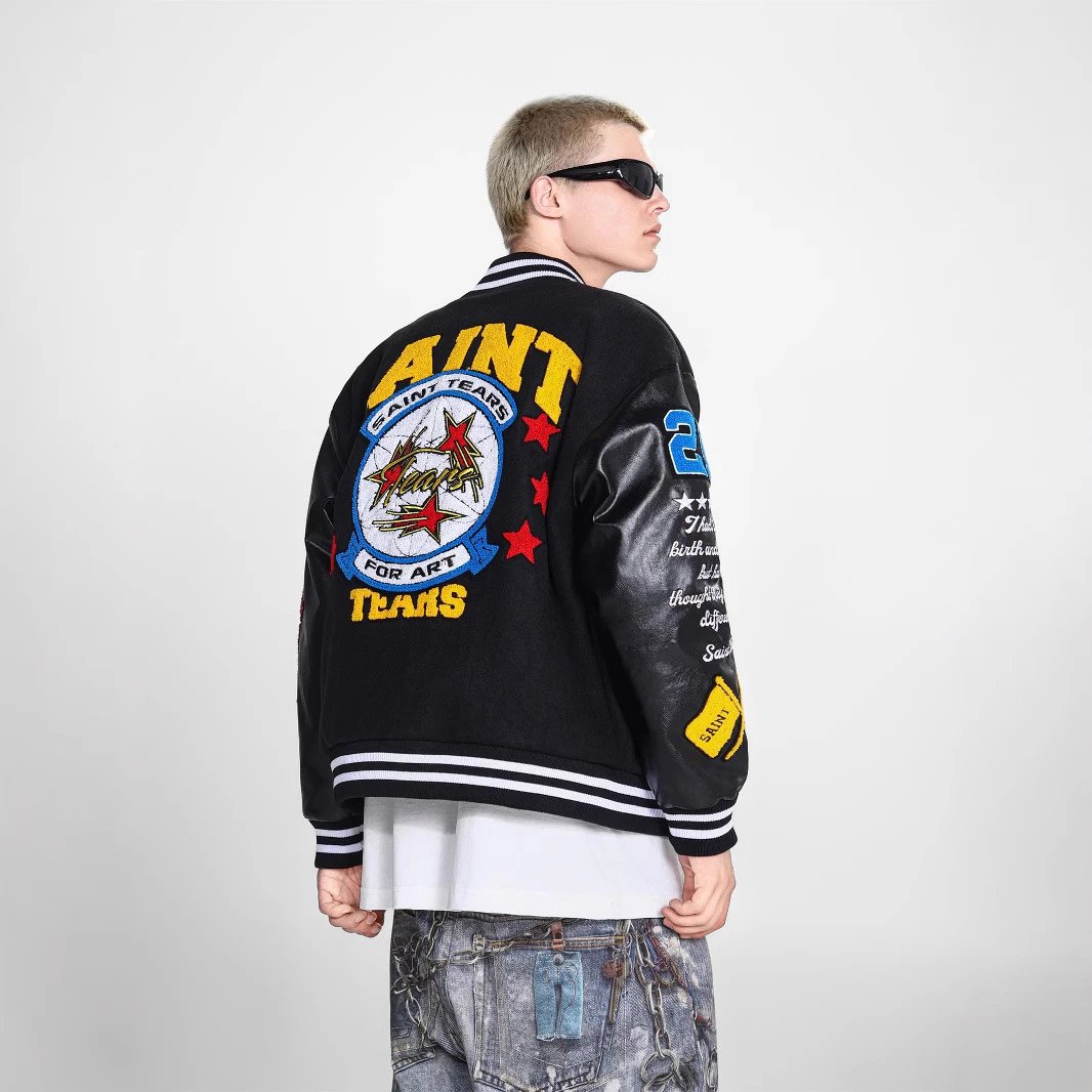 Saint Leather Sleeves Varsity Jacket - Gallery Image 3 - Detailed View