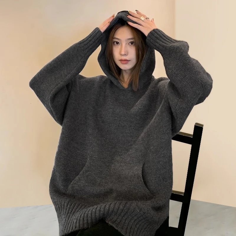 Unisex Knit Hoodie Sweater Casual Streetwear Charcoal - Gallery Image 4 - Detailed View