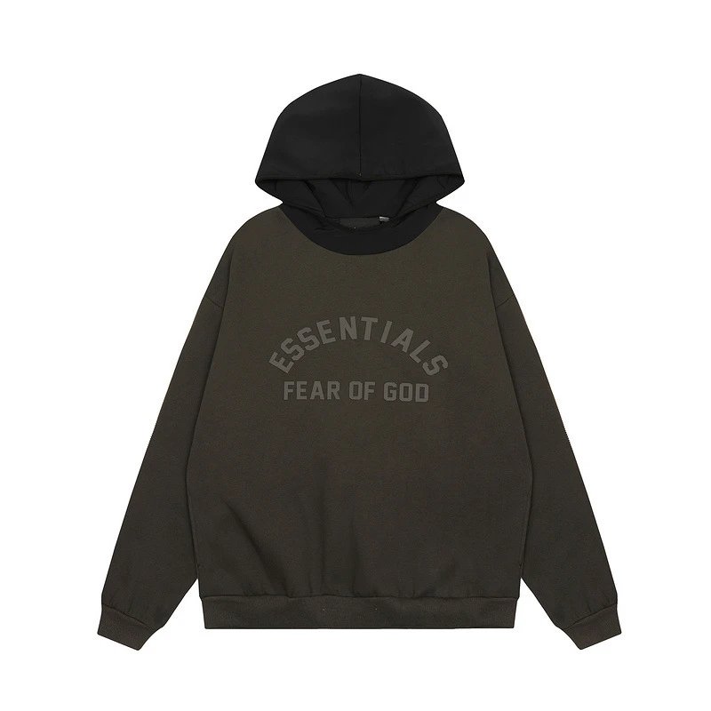Streetwear Essentials Colorblock Fleece Hoodie Unisex Olive Black - Essentials - Cnfans - $31.29