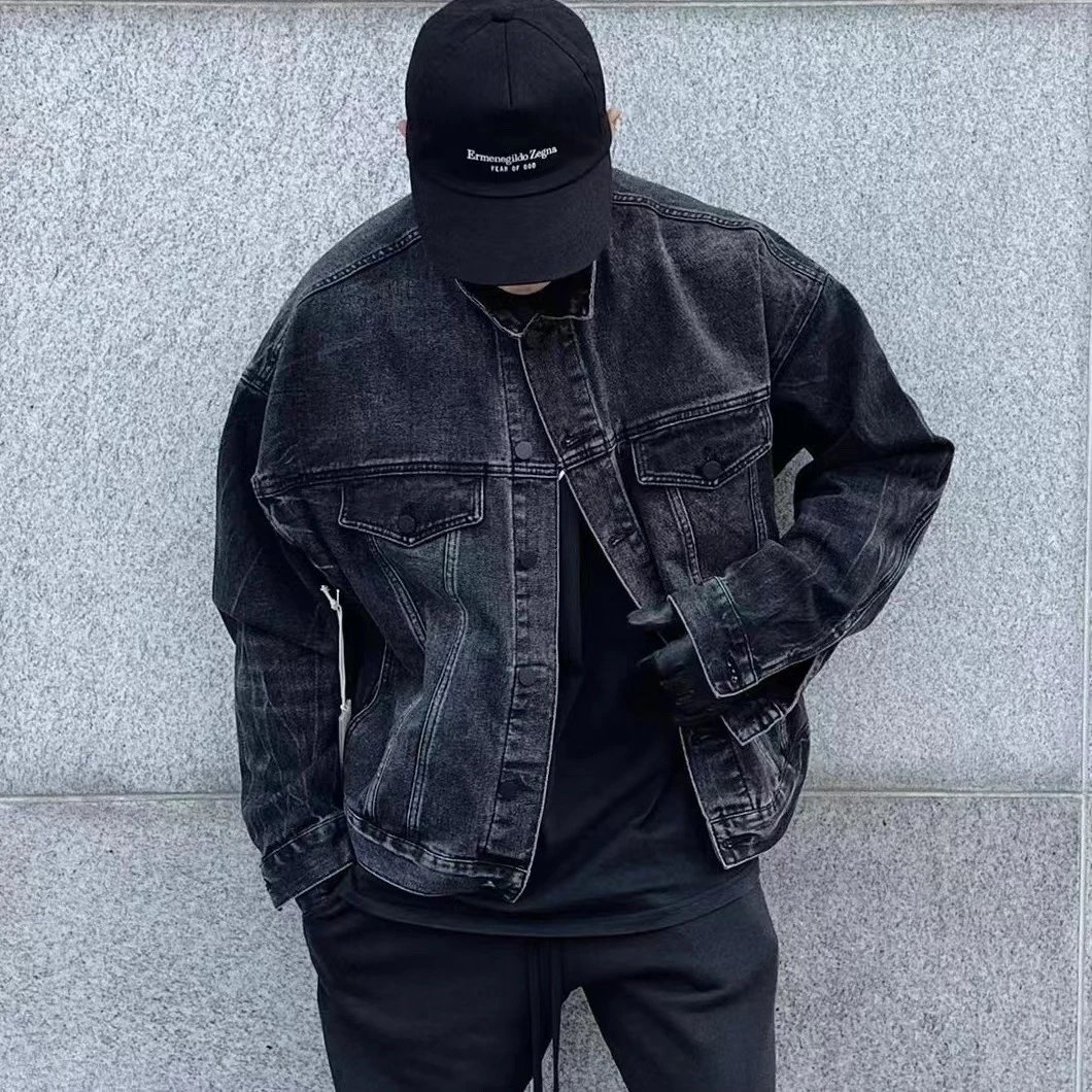 Vintage Washed Denim Jacket Unisex Streetwear Charcoal Black - Gallery Image 2 - Detailed View