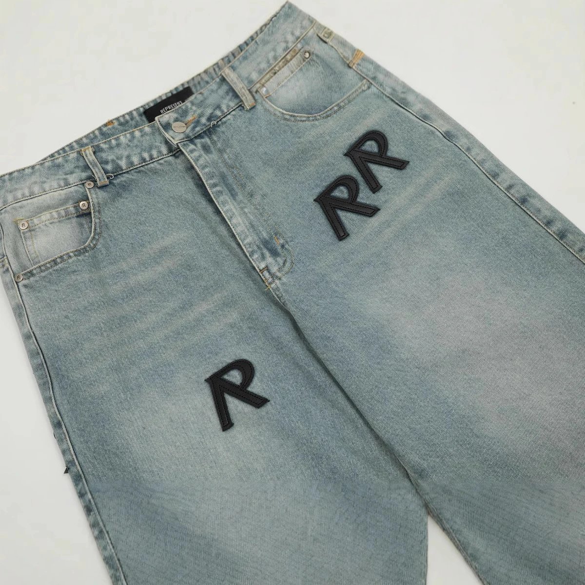 REPRESEN Straight Jeans with R Patches Light Blue - Gallery Image 2 - Detailed View