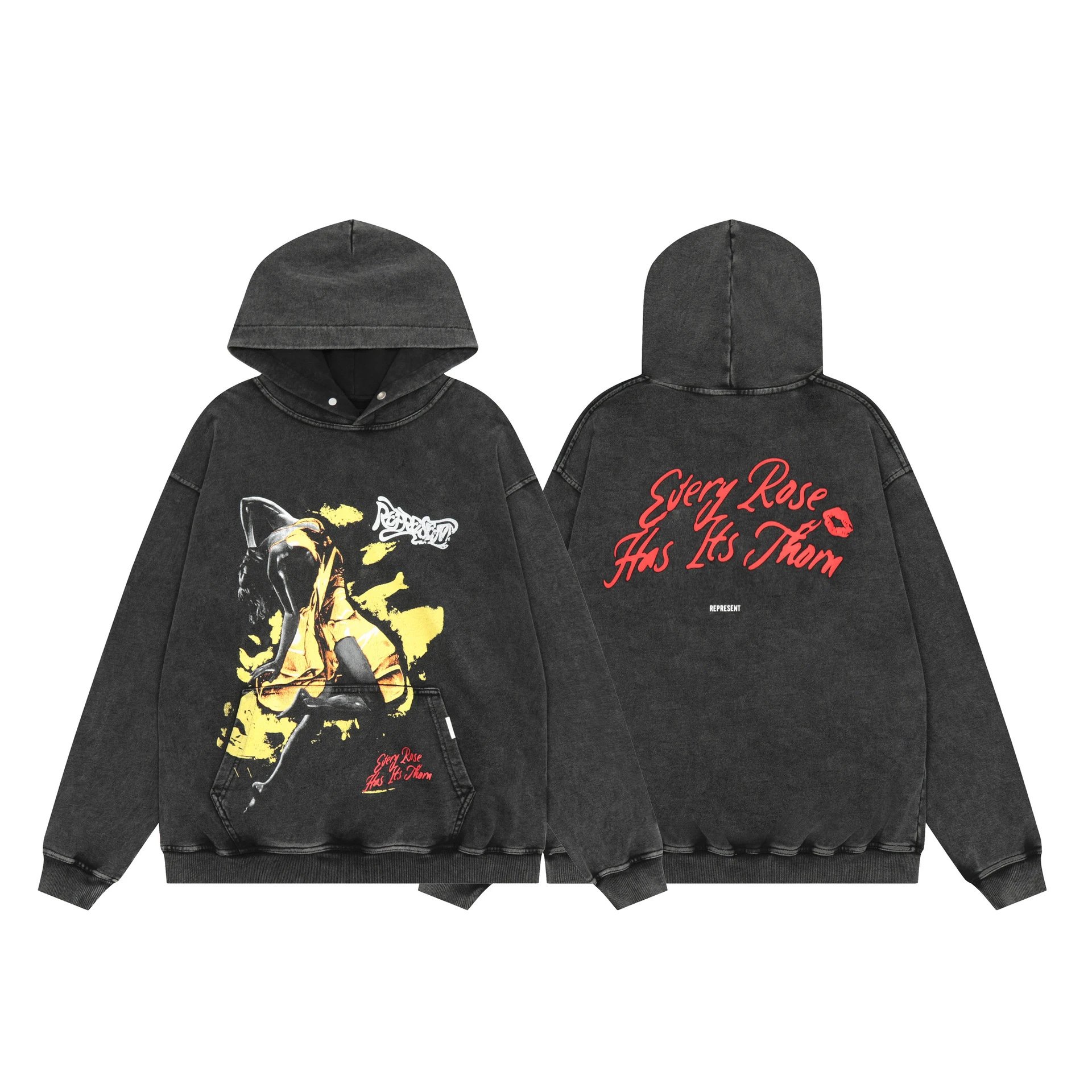 Represent Red Lips Washed Hoodie Black - Related Product - Cnfans