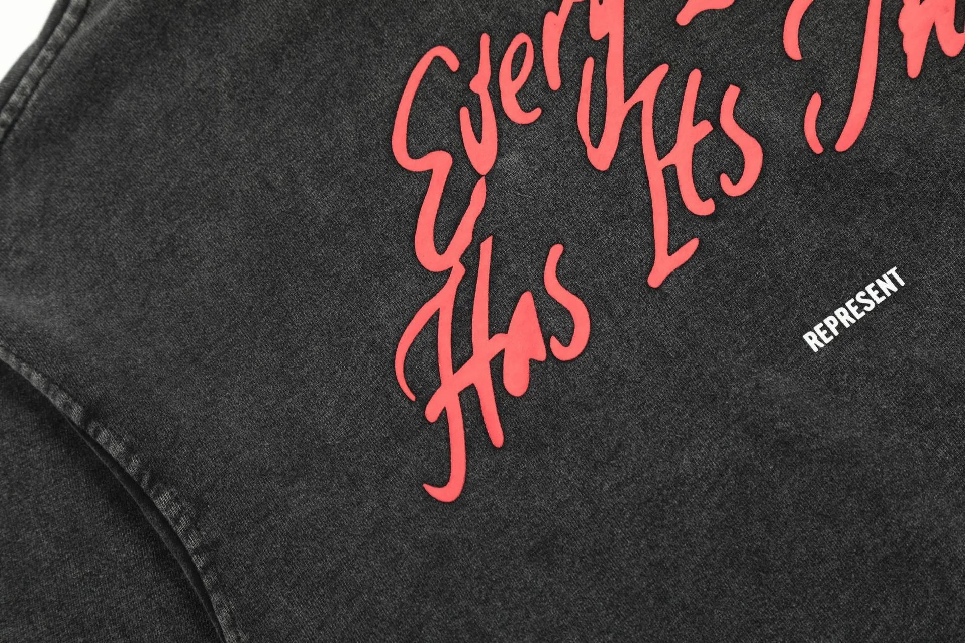 Represent Red Lips Washed Hoodie Black - Gallery Image 3 - Detailed View