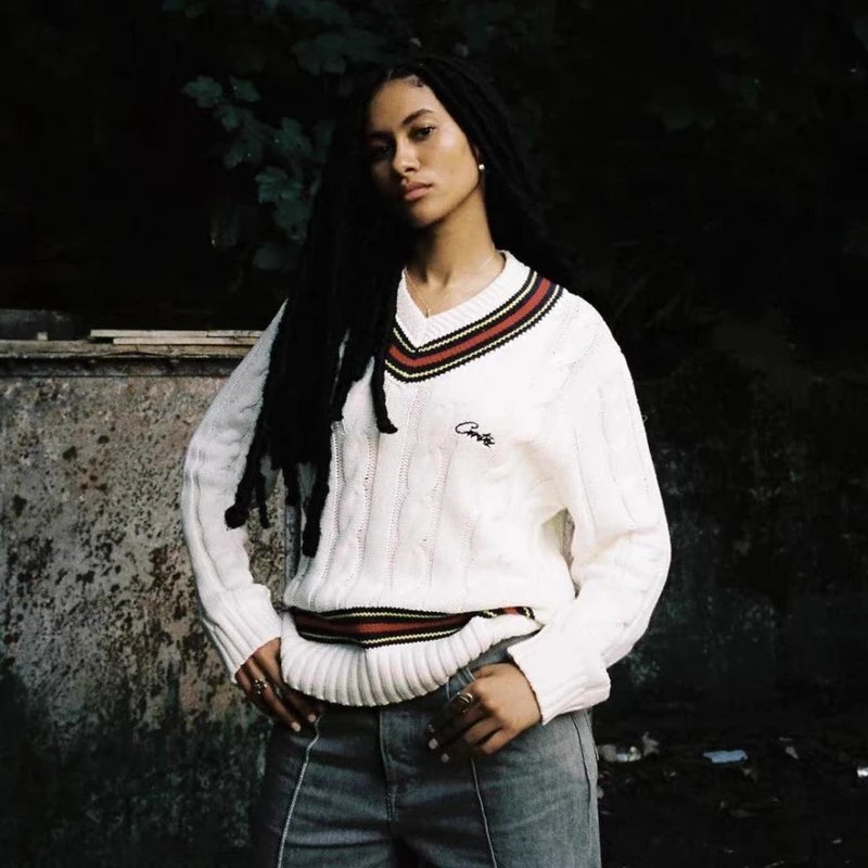 Corteiz Cable Knit V-Neck Sweater Multi - Gallery Image 3 - Detailed View