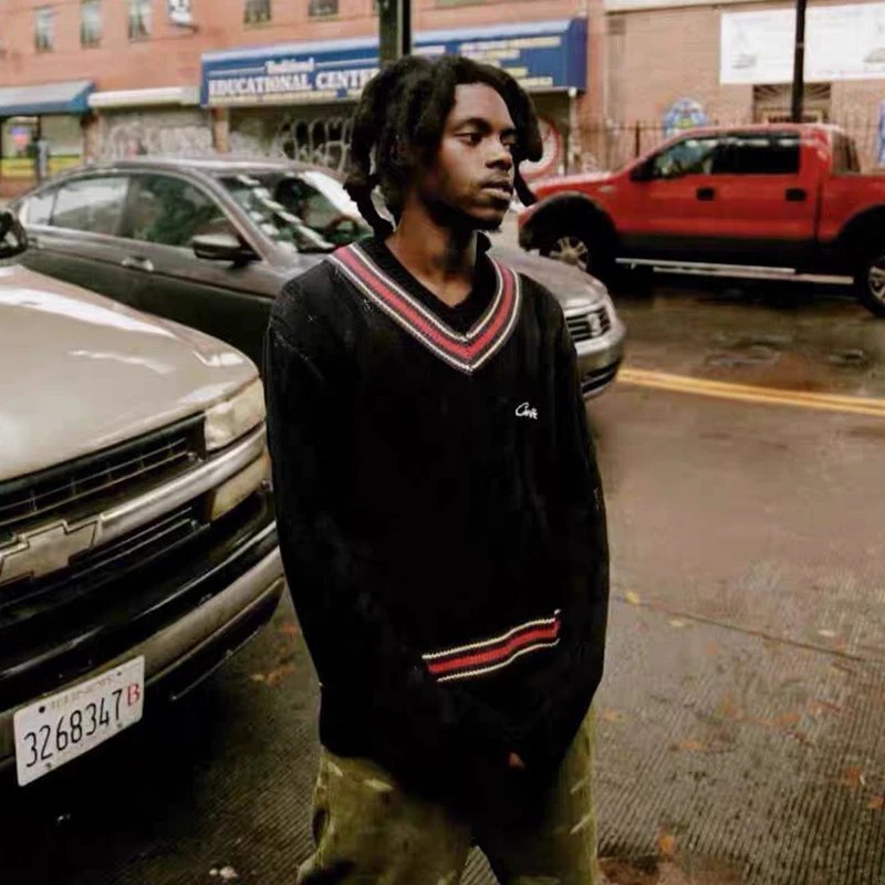 Corteiz Cable Knit V-Neck Sweater Multi - Gallery Image 2 - Detailed View