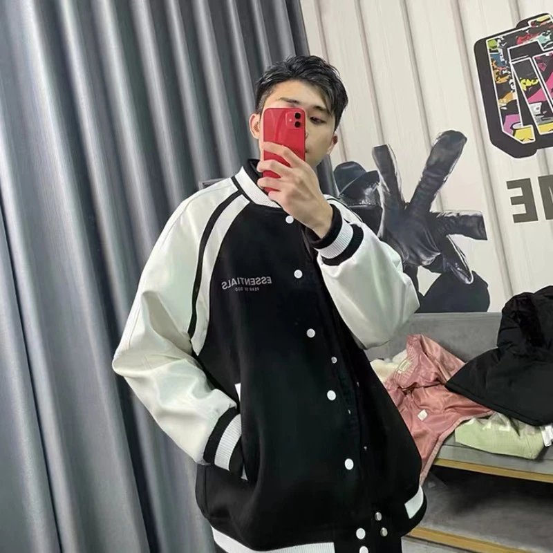 Streetwear Varsity Jacket Leather Sleeves 3M Reflective Black Ivory - Gallery Image 3 - Detailed View