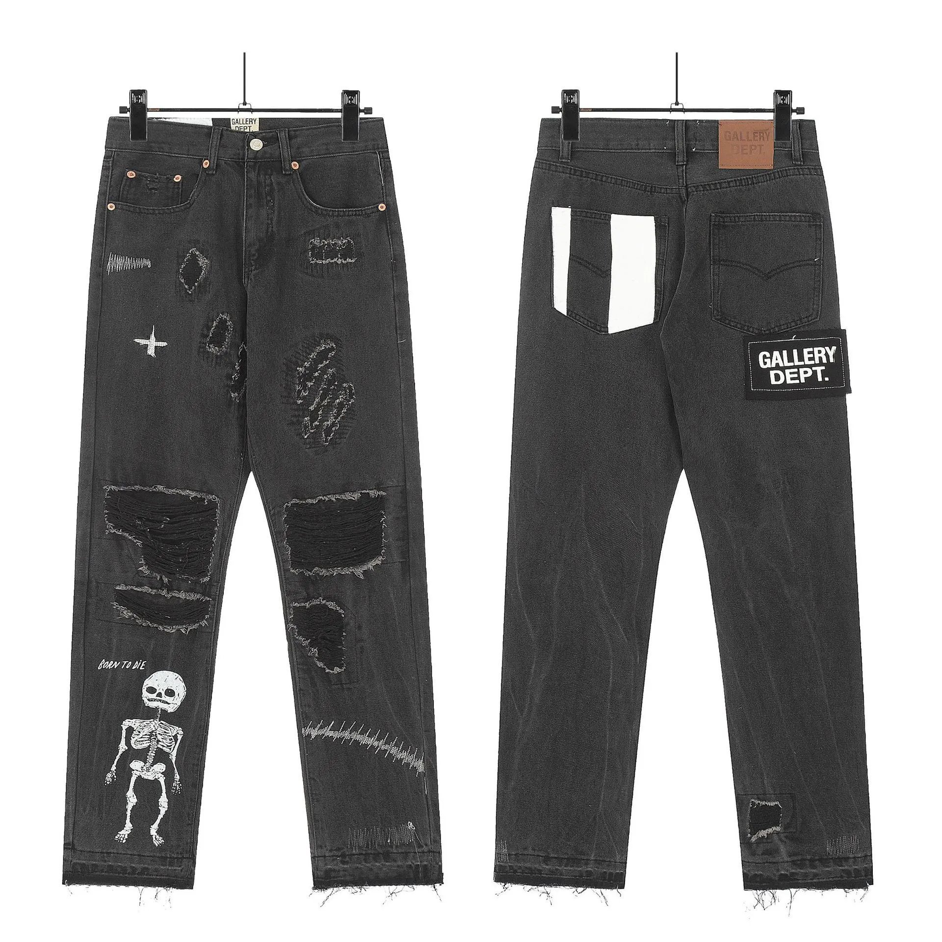 Skeleton Patchwork Washed Denim Pants Charcoal - Gallery Image 1 - Detailed View