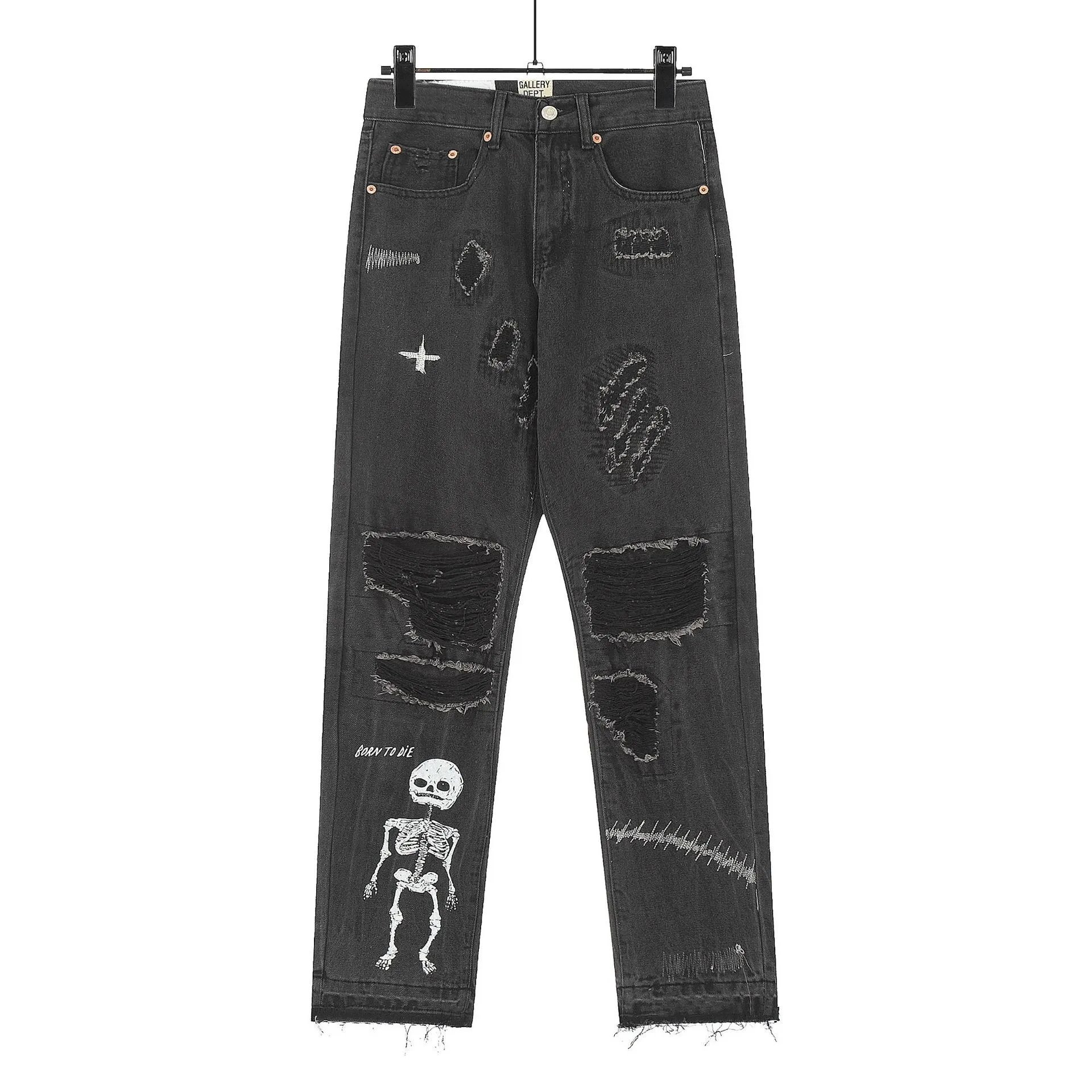 Skeleton Patchwork Washed Denim Pants Charcoal - Gallery Image 2 - Detailed View