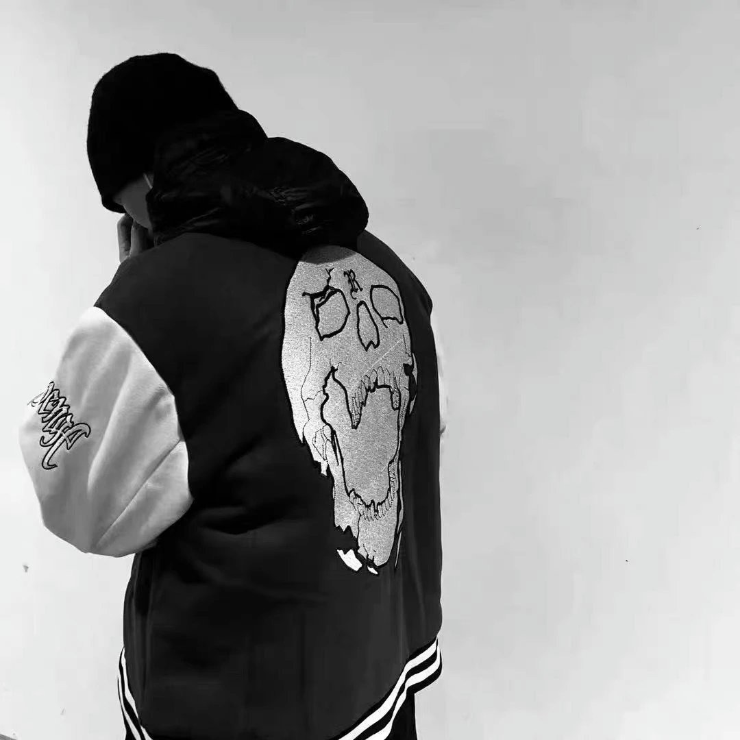 Streetwear Varsity Jacket Wool Skull Embroidery Ivory - Gallery Image 6 - Detailed View