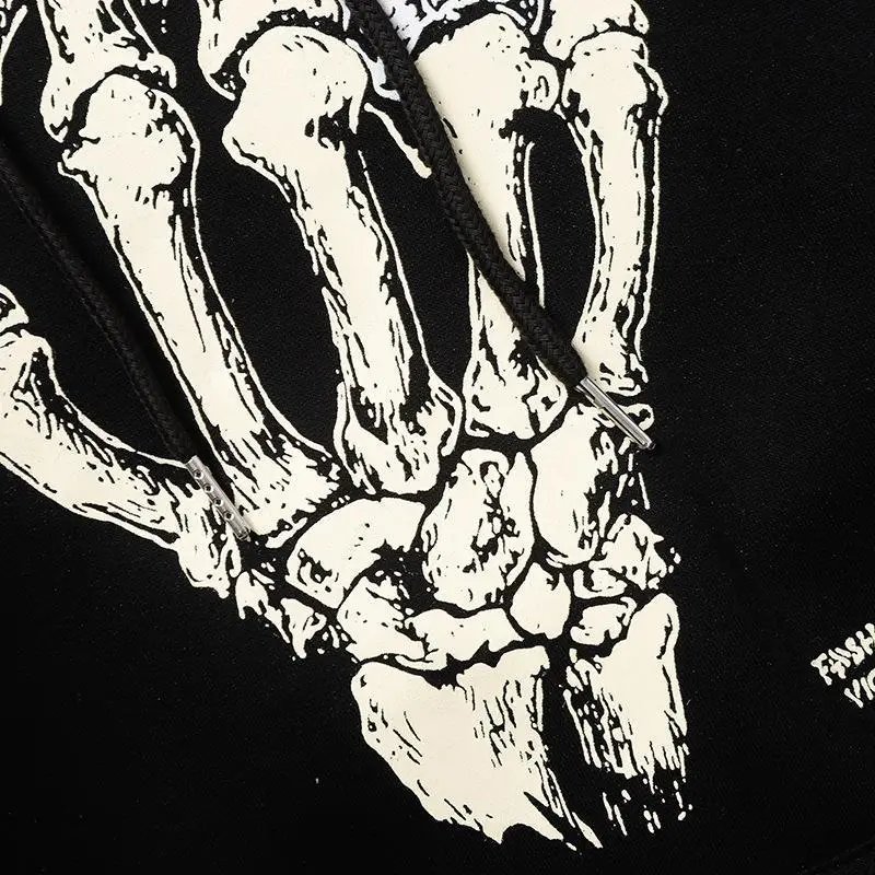 Cotton Hoodie Skeleton Print Noir - Gallery Image 3 - Detailed View