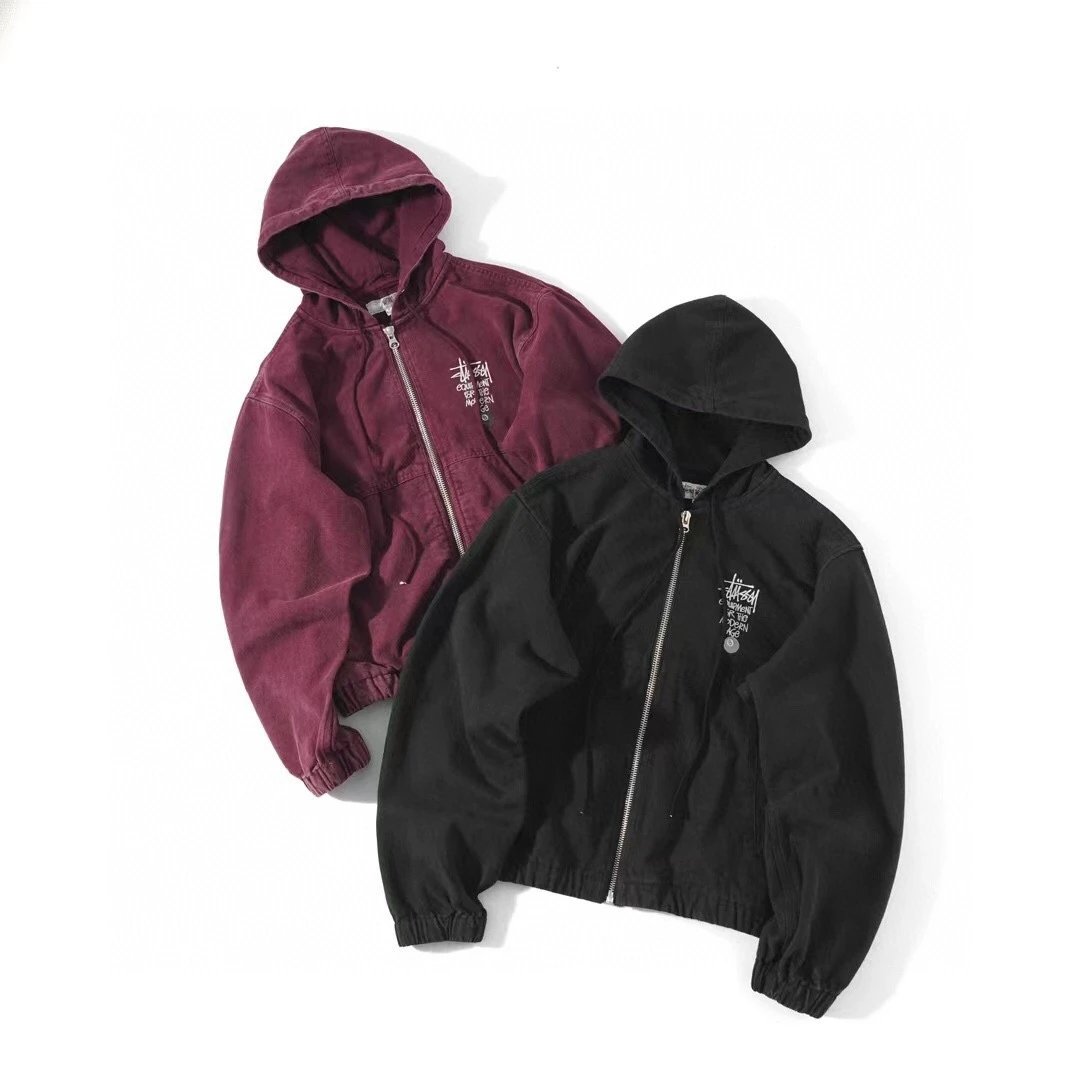 ​​Stussy Washed Cotton Hooded Jacket - Relaxed Fit (Black, Purple)​