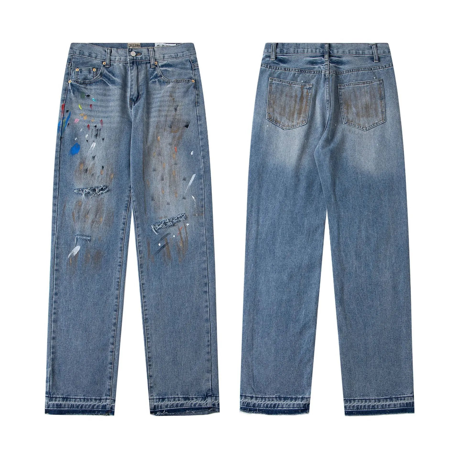Hand-Painted Distressed Denim Pants Azure - Gallery Image 1 - Detailed View