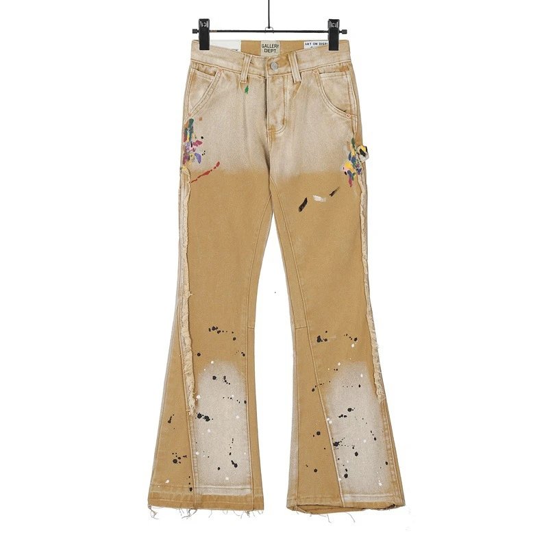 Flared Distressed Denim Pants Ochre - Gallery Image 2 - Detailed View