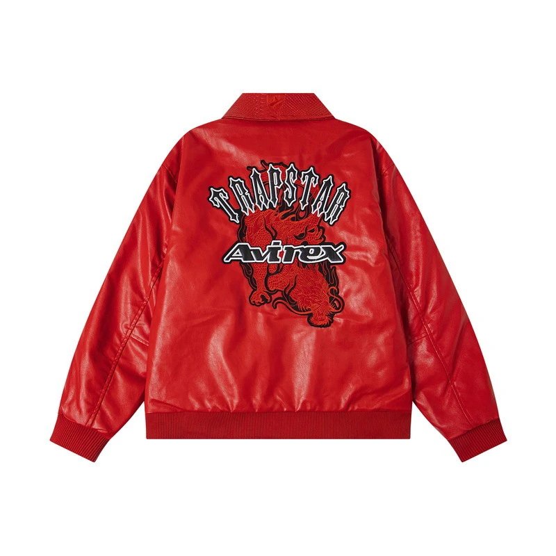 Trapstar Red Aviator Leather Jacket - Gallery Image 3 - Detailed View