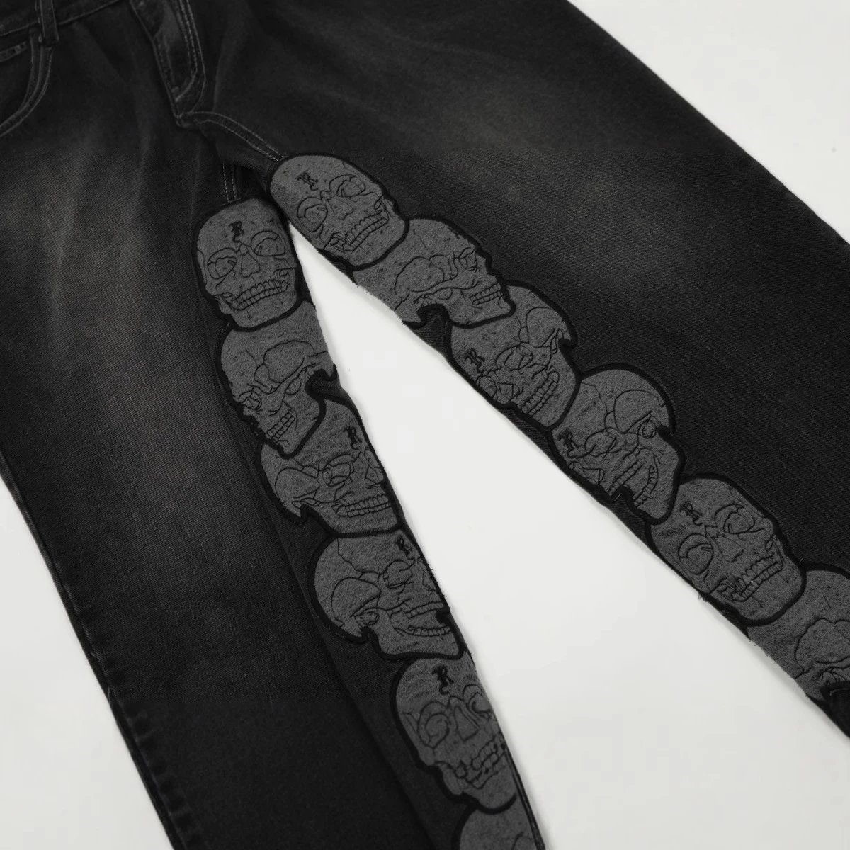 Street Skull Embroidered Denim Pants Charcoal - Gallery Image 7 - Detailed View