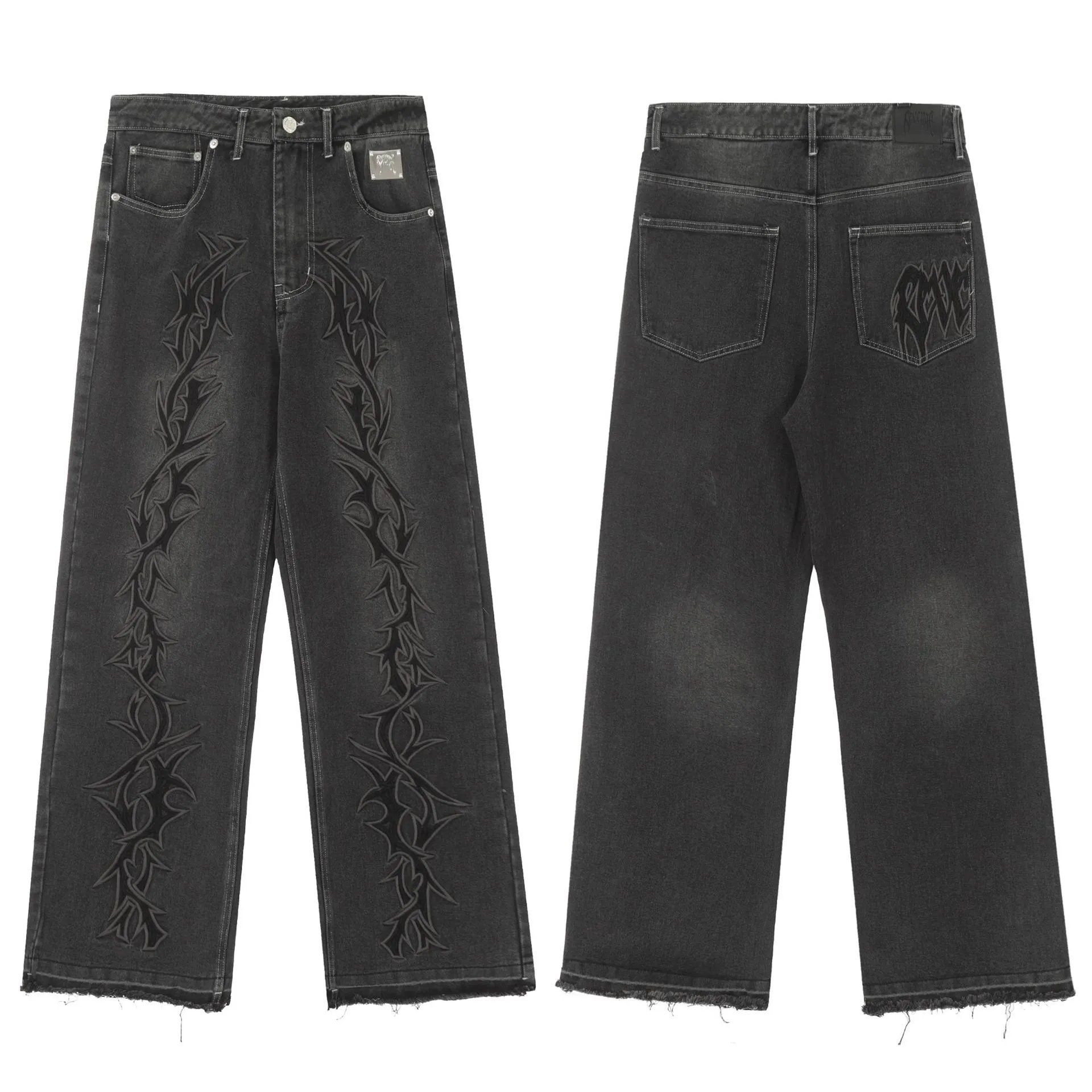 Vintage Washed Denim Pants Thorn Embroidery Charcoal - Revenge - Cnfans - $39.35