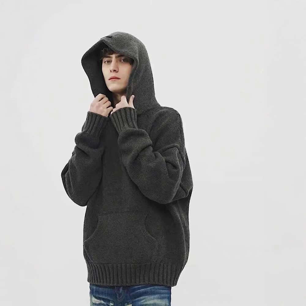 Unisex Knit Hoodie Sweater Casual Streetwear Charcoal - Gallery Image 3 - Detailed View