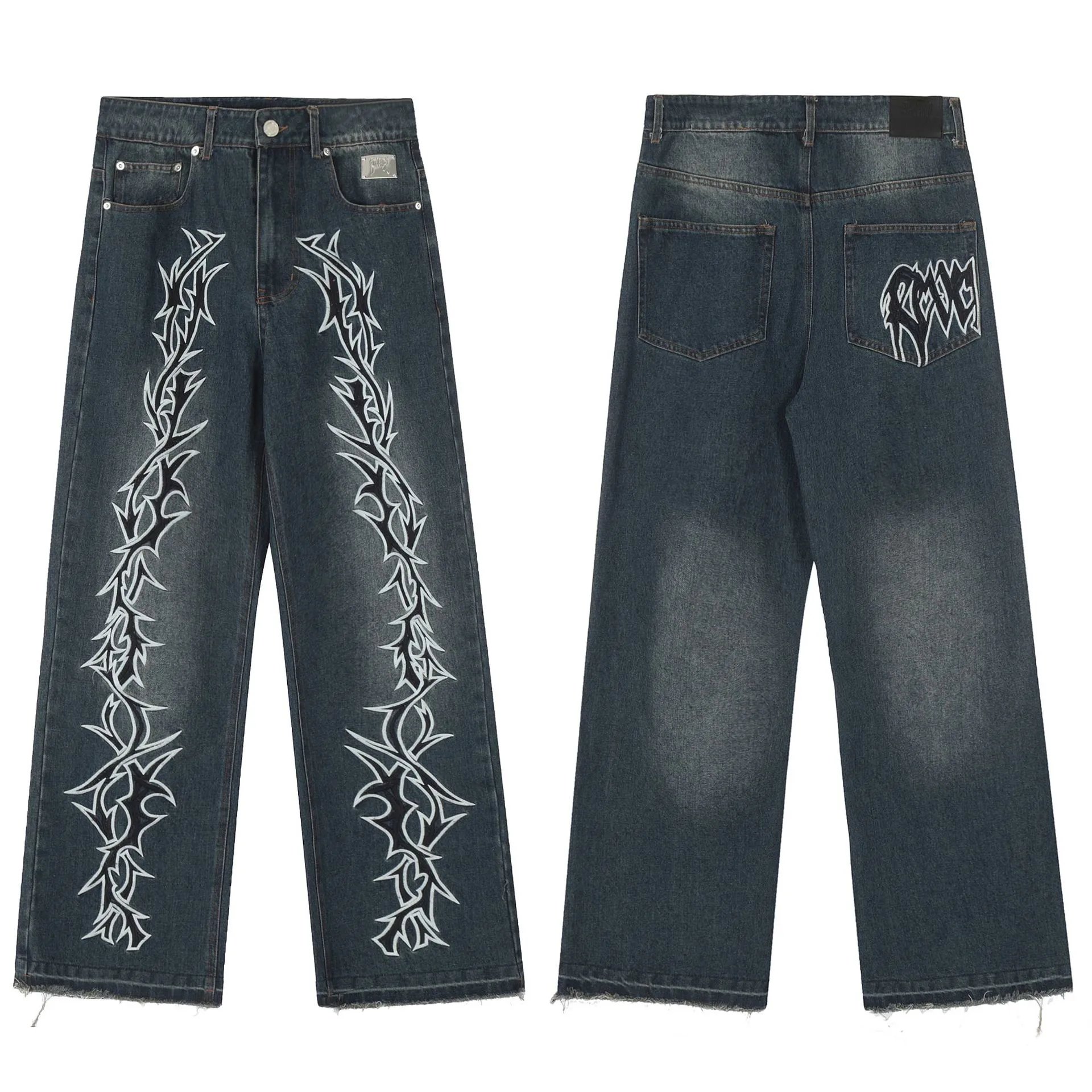 Streetwear Thorn Embroidered Washed Denim Pants Midnight Blue - Related Product - Cnfans