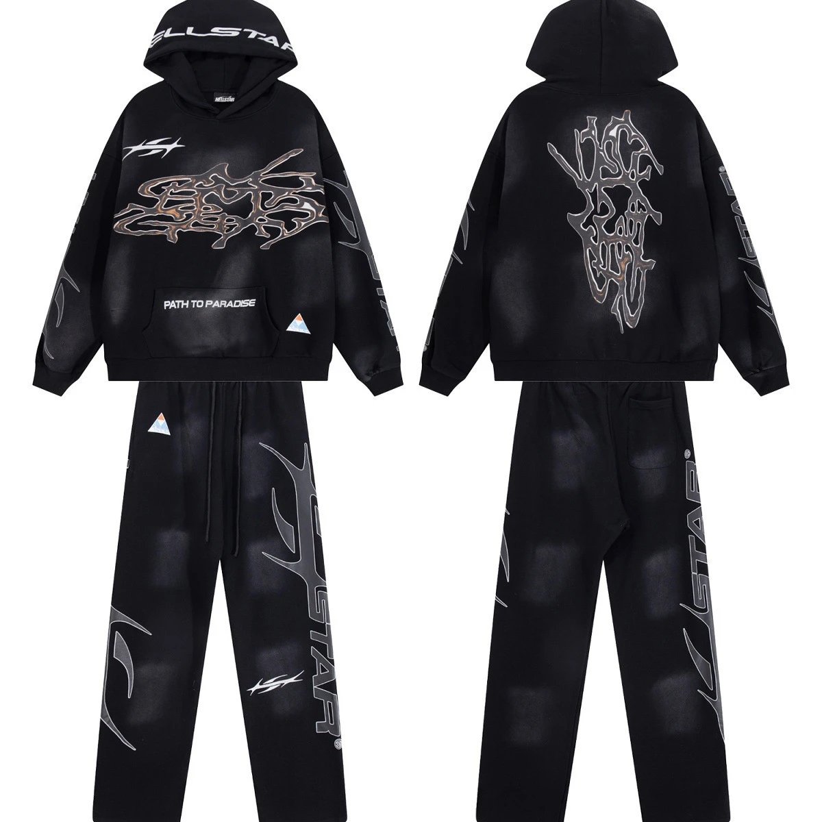 Streetwear Graphic Hoodie Sweatpants Set Midnight Black - Hellstar - Cnfans - $64.52