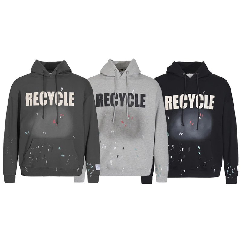 Hand-Painted Letter Print Hoodie Dusty Gray - Gallery Image 1 - Detailed View