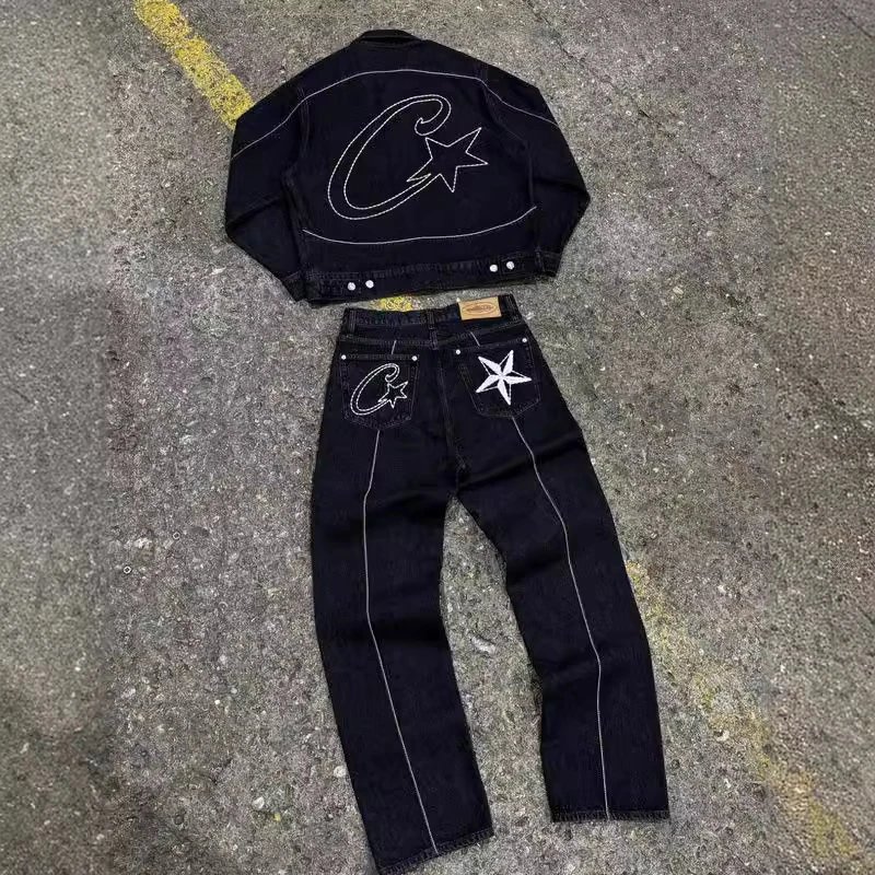 Corteiz New Arrival Star y Embroider American Retro Casual Denim Jacket and Pants Set​