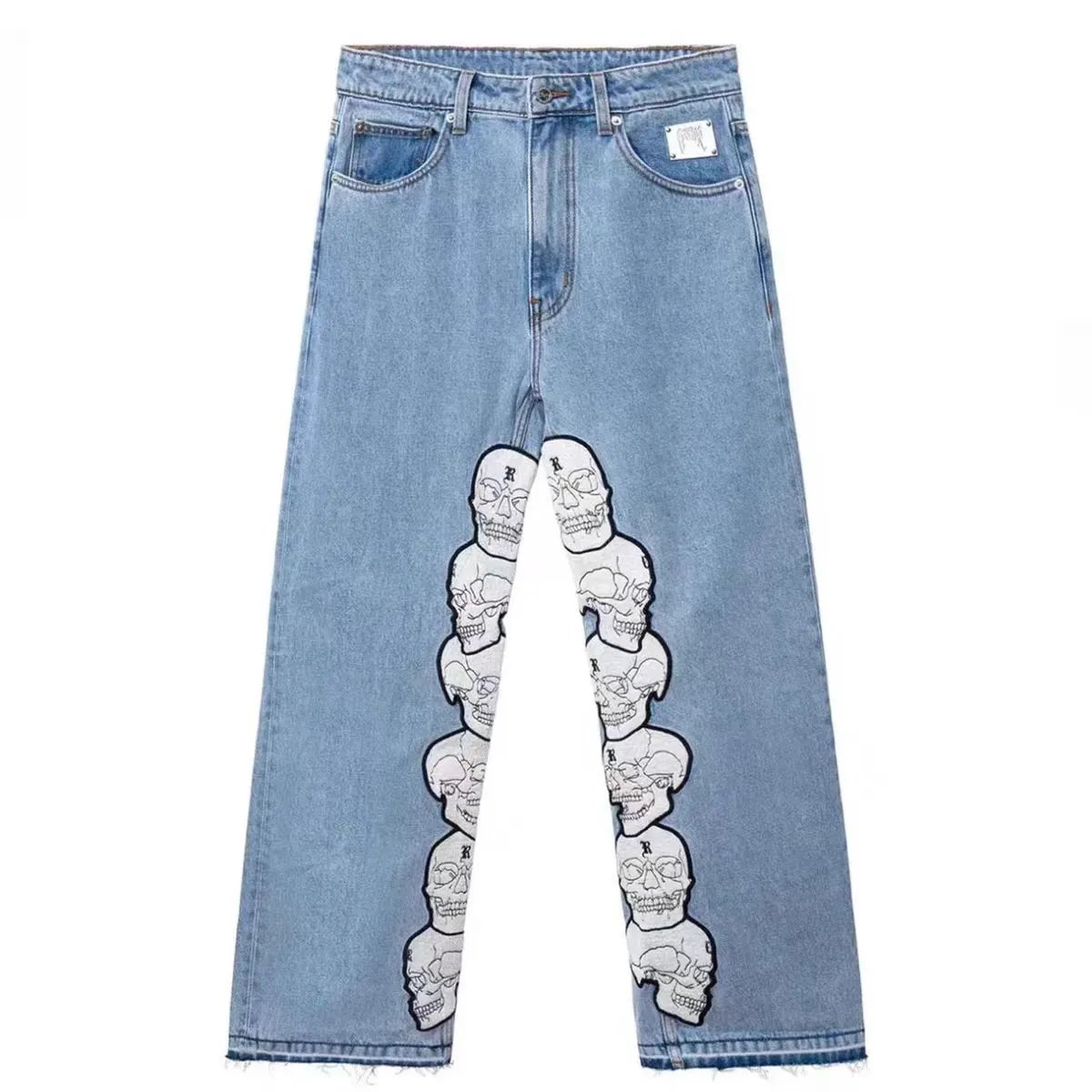 Street Skull Embroidered Denim Trousers Ice Blue - Revenge - Cnfans - $39.68