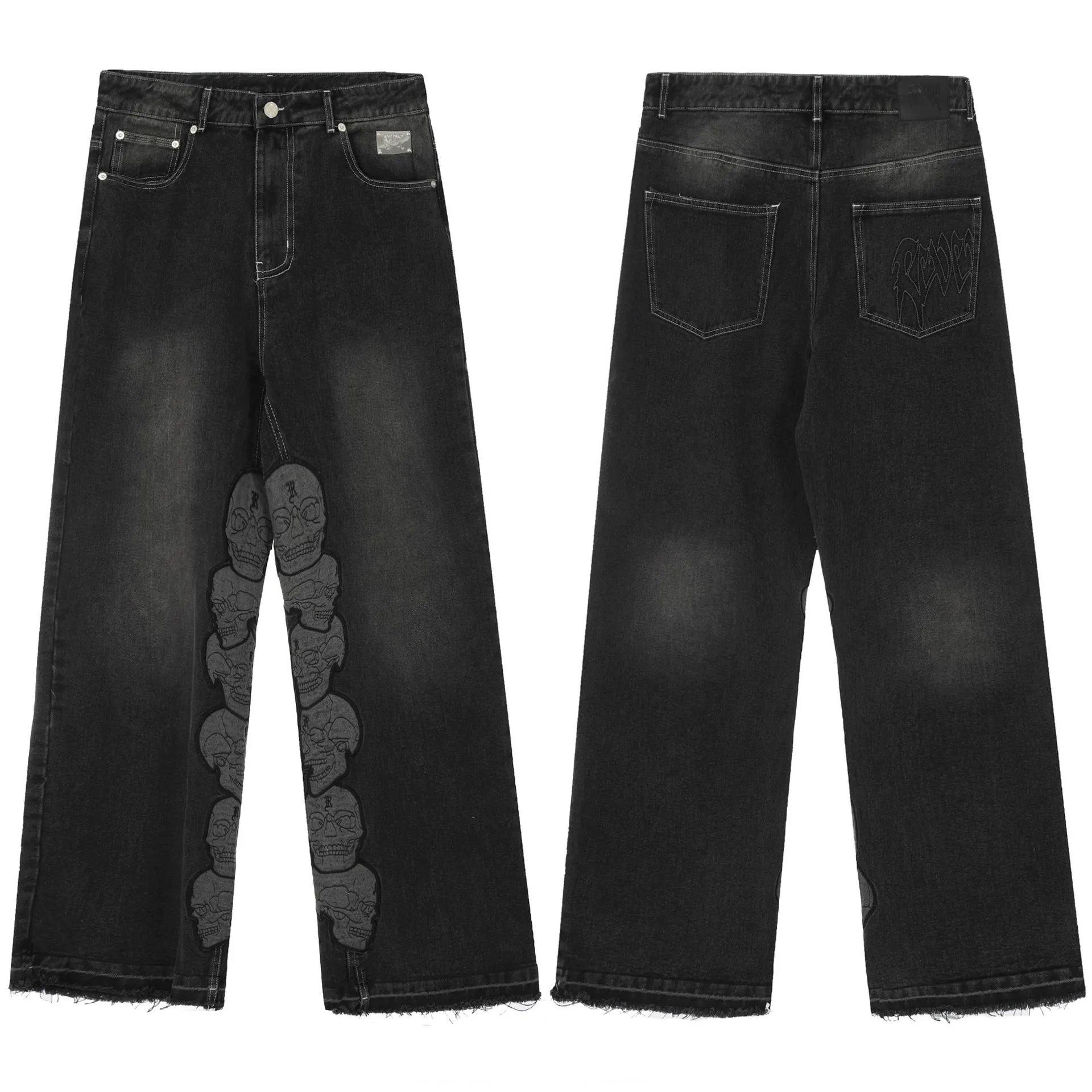 Street Skull Embroidered Denim Pants Charcoal - Gallery Image 6 - Detailed View
