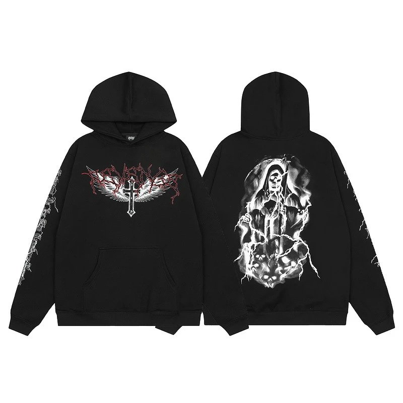 Gothic Skull Fleece Hoodie Ebony Black - Related Product - Cnfans