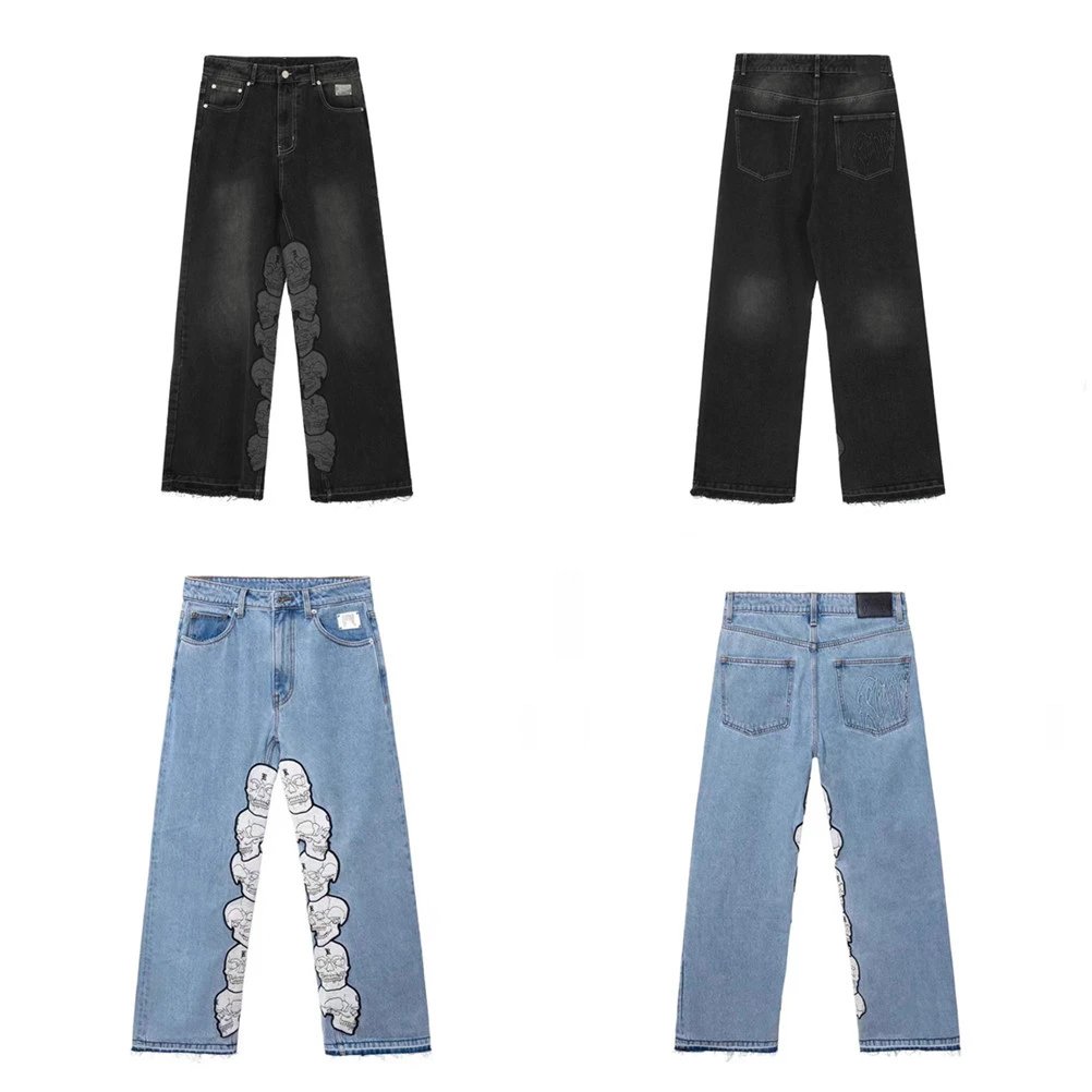 Street Skull Embroidered Denim Pants Charcoal - Gallery Image 1 - Detailed View