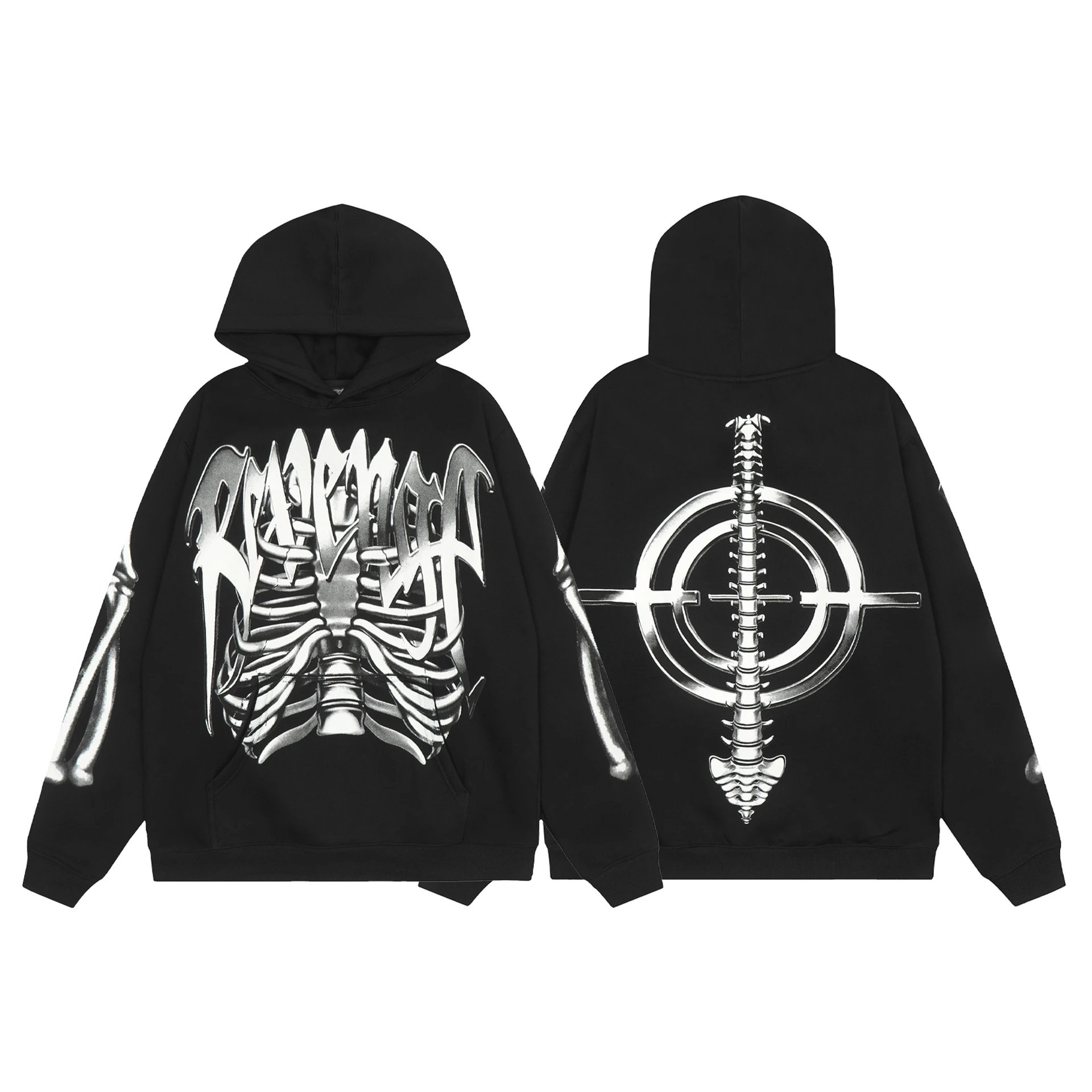 Streetwear Skeleton Target Hoodie Ebony Black - Revenge - Cnfans - $35.16