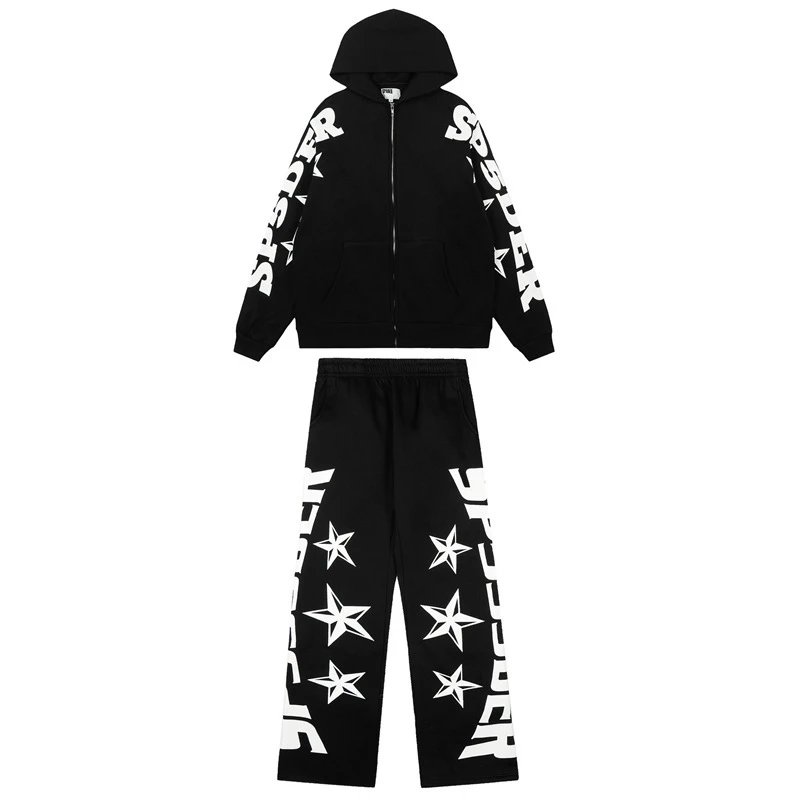 Star Print Hoodie Tracksuit Set Ebony - Related Product - Cnfans