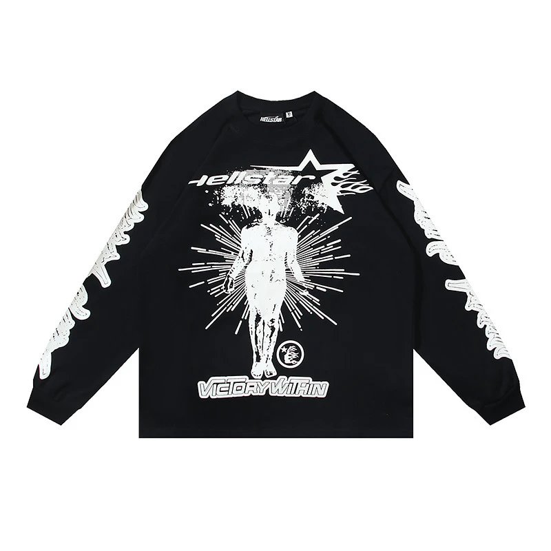 Street Style Graphic Long Sleeve Tee Noir - Hellstar - Cnfans - $26.13