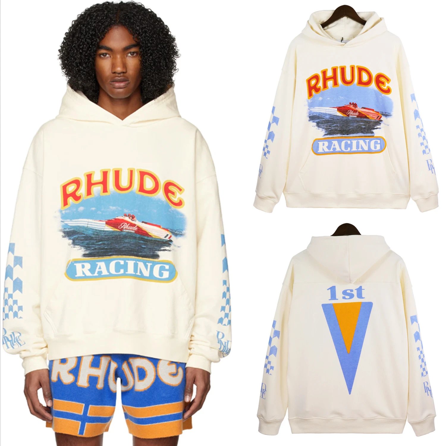 Rhude Racing Hoodie Cream - Gallery Image 2 - Detailed View