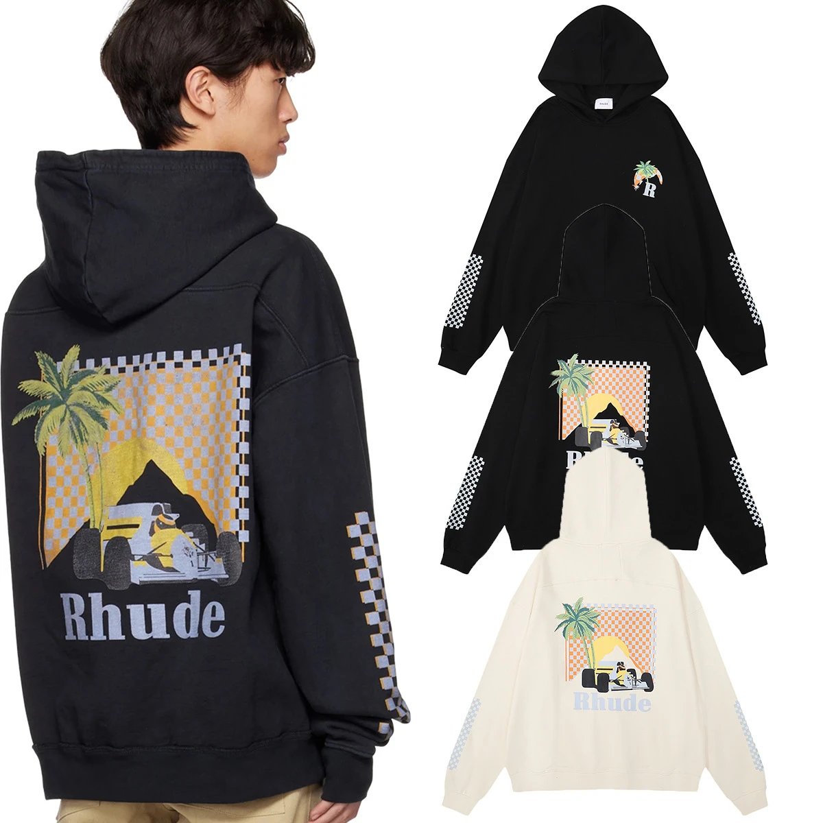 Rhude Racing Print Hoodie Black - Gallery Image 2 - Detailed View