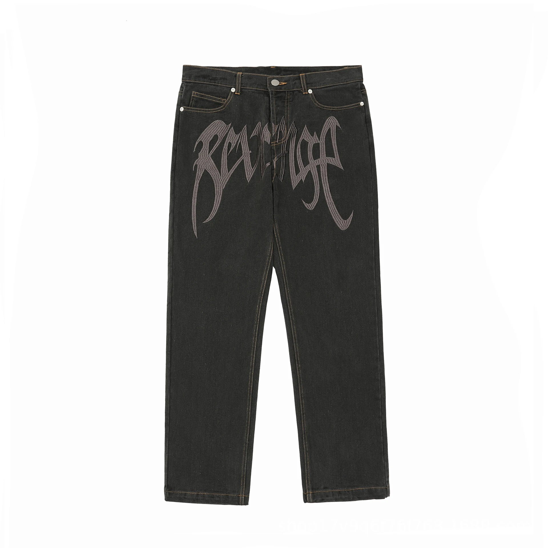 Streetwear Denim Logo Straight Pants Charcoal - Gallery Image 4 - Detailed View