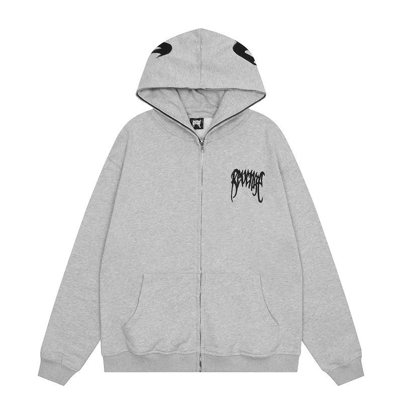 Streetwear Zip Hoodie Embroidered Cotton Unisex Ash Grey - Revenge - Cnfans - $36.77