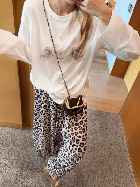 Leopard Print Wide-Leg Pants with Crinkled Texture Beige Multicolor Pants - 7