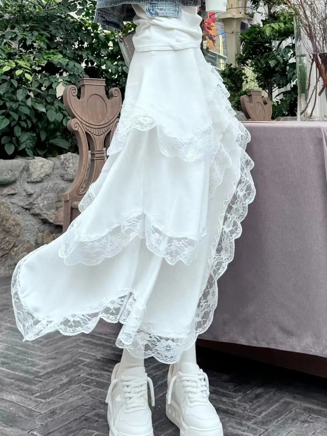 White Lace Asymmetrical High-Low Skirt - 16