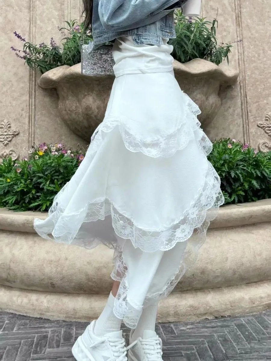 White Lace Asymmetrical High-Low Skirt - 18