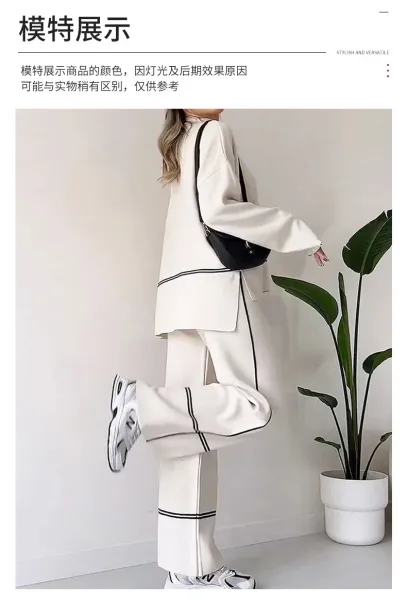 Design Track-Style Two-Piece Set with White Piping Black Pants and Sweater - 11