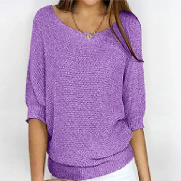 Purple Knit Drop-Shoulder Sweater Top - 1