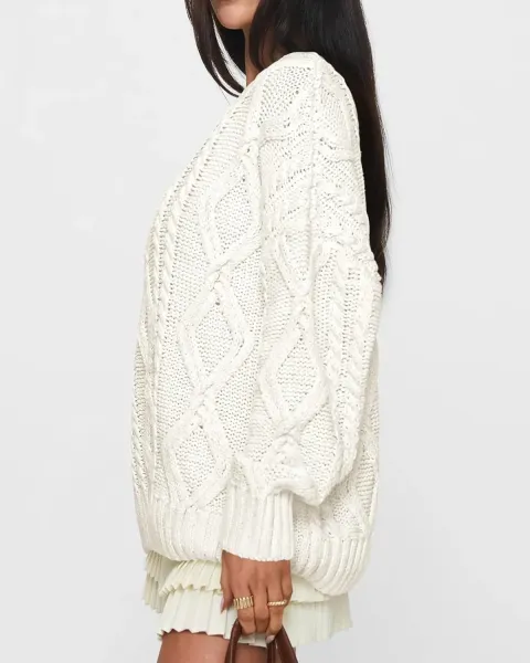 Oversized Cable Knit Cardigan in Cream - 1