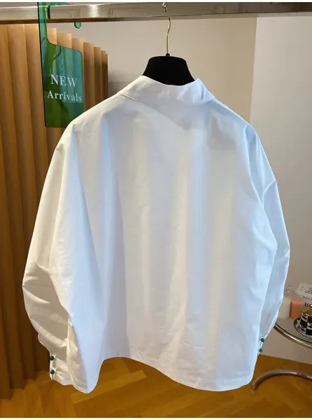 White Mandarin Collar Shirt with Green Buttons - 9