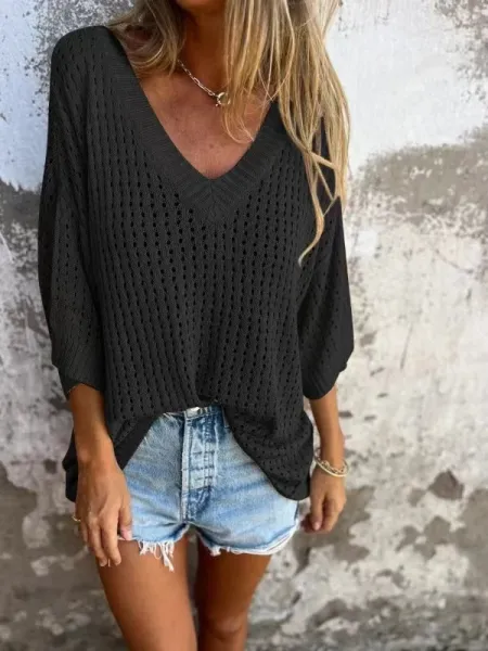 Black Open-Knit V-Neck Oversized Sweater Top - 1