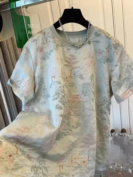 Design Embroidered Landscape Print T-Shirt in Pale Mint - 3