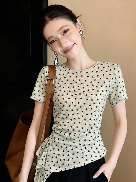 Polka Dot Ruched Asymmetrical Hem T-Shirt Beige with Black Dots - 12