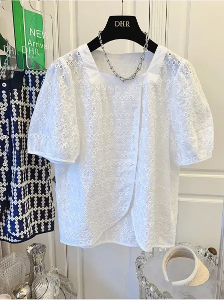 DHR Eyelet Lace Square-Neck Blouse White Top - 12