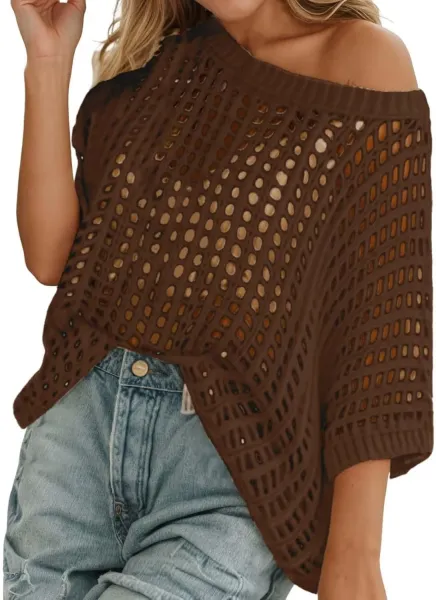 Brown Open-Knit Off-Shoulder Sweater - 1